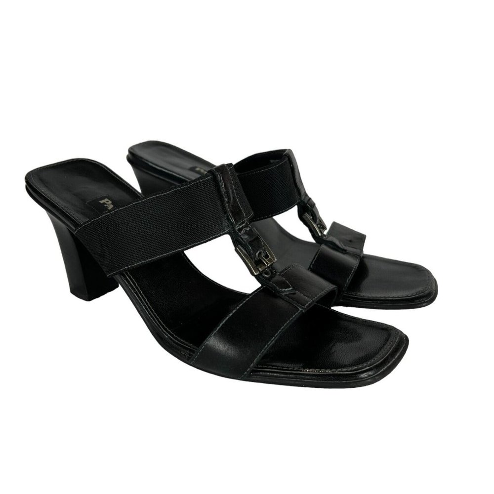 Paul Green Heels 6.5 9 US Black Leather Open Toe Slip On Sandals Buckle Handmade